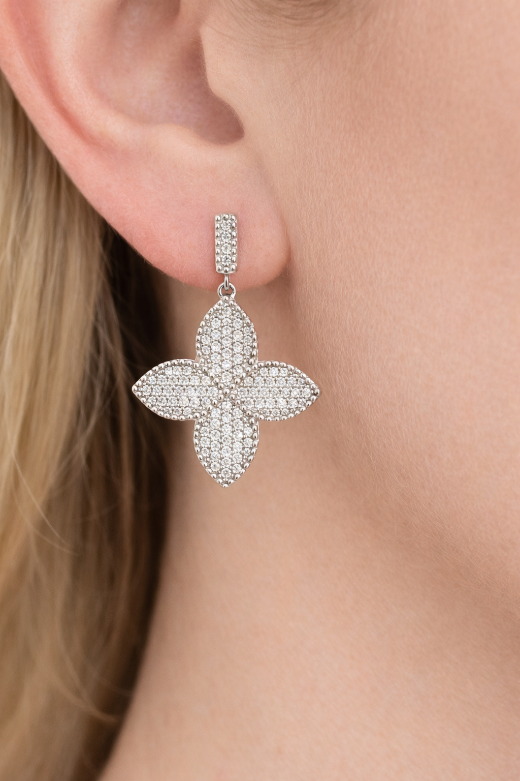 Floral Pavé Drop Earrings with Cubic Zirconia