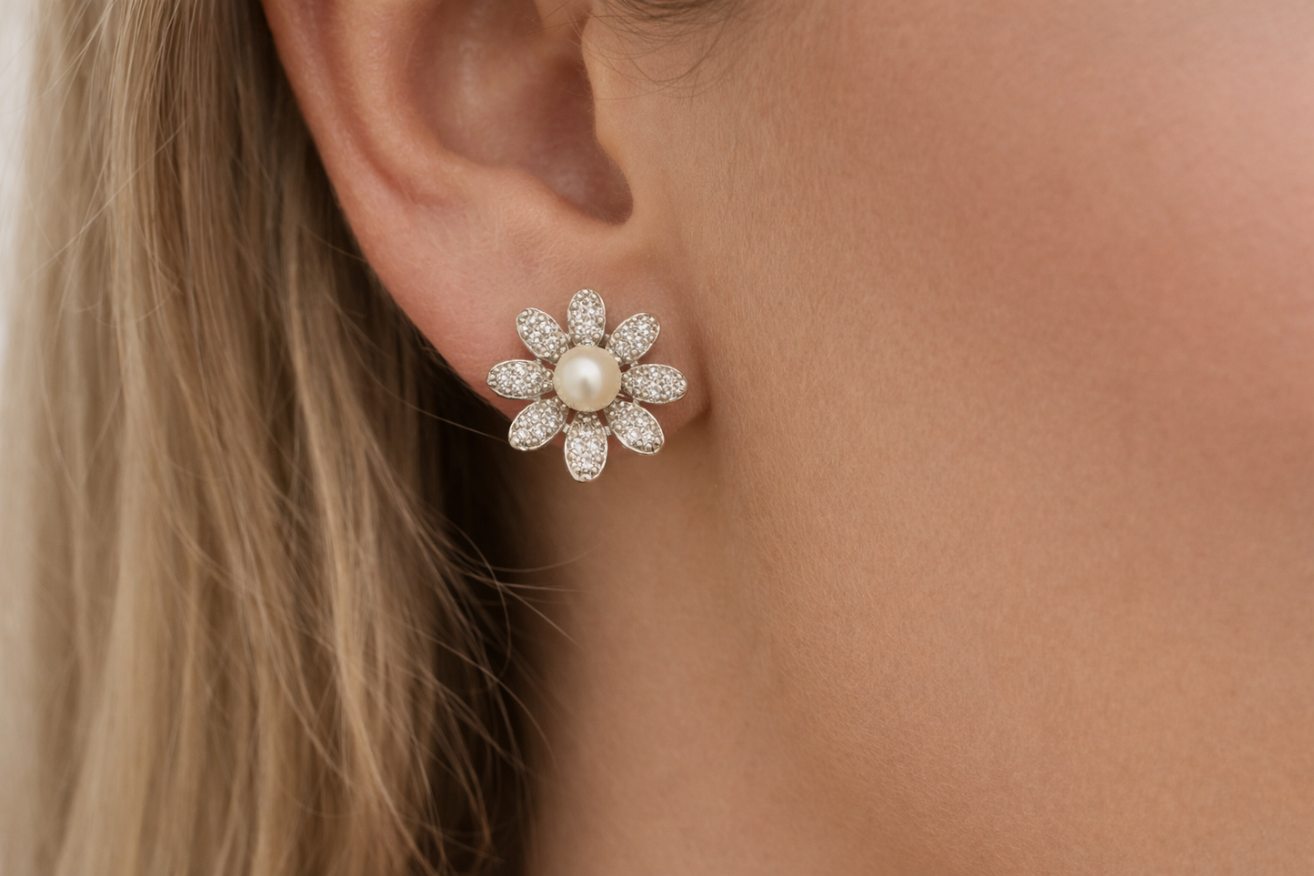 Floral Pearl Stud Cubic Zirconia Earrings