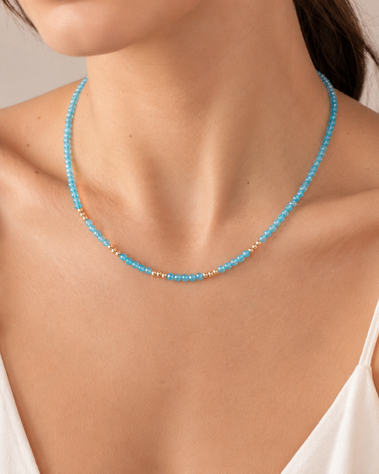 14k Gold Baby Blue Agate Beaded Necklace
