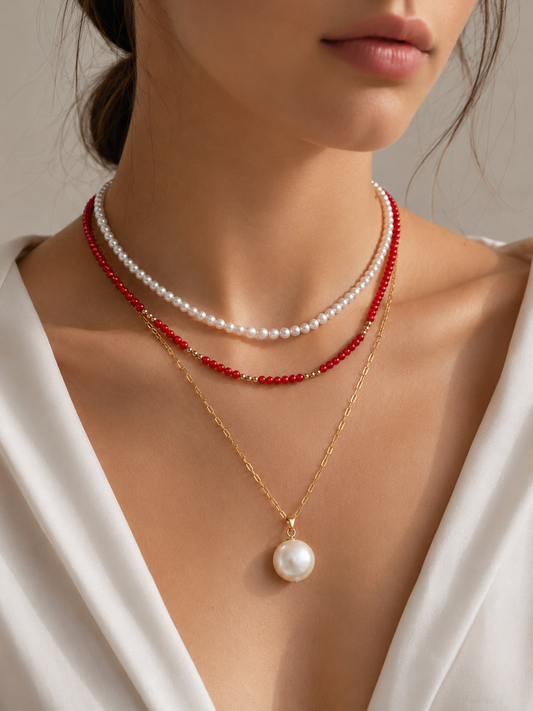14k Gold Red Coral Beaded Necklace