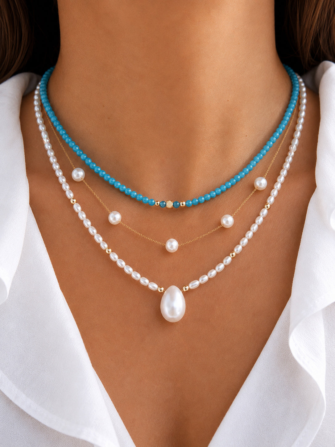 14K Gold & Baby Blue Agate Necklace