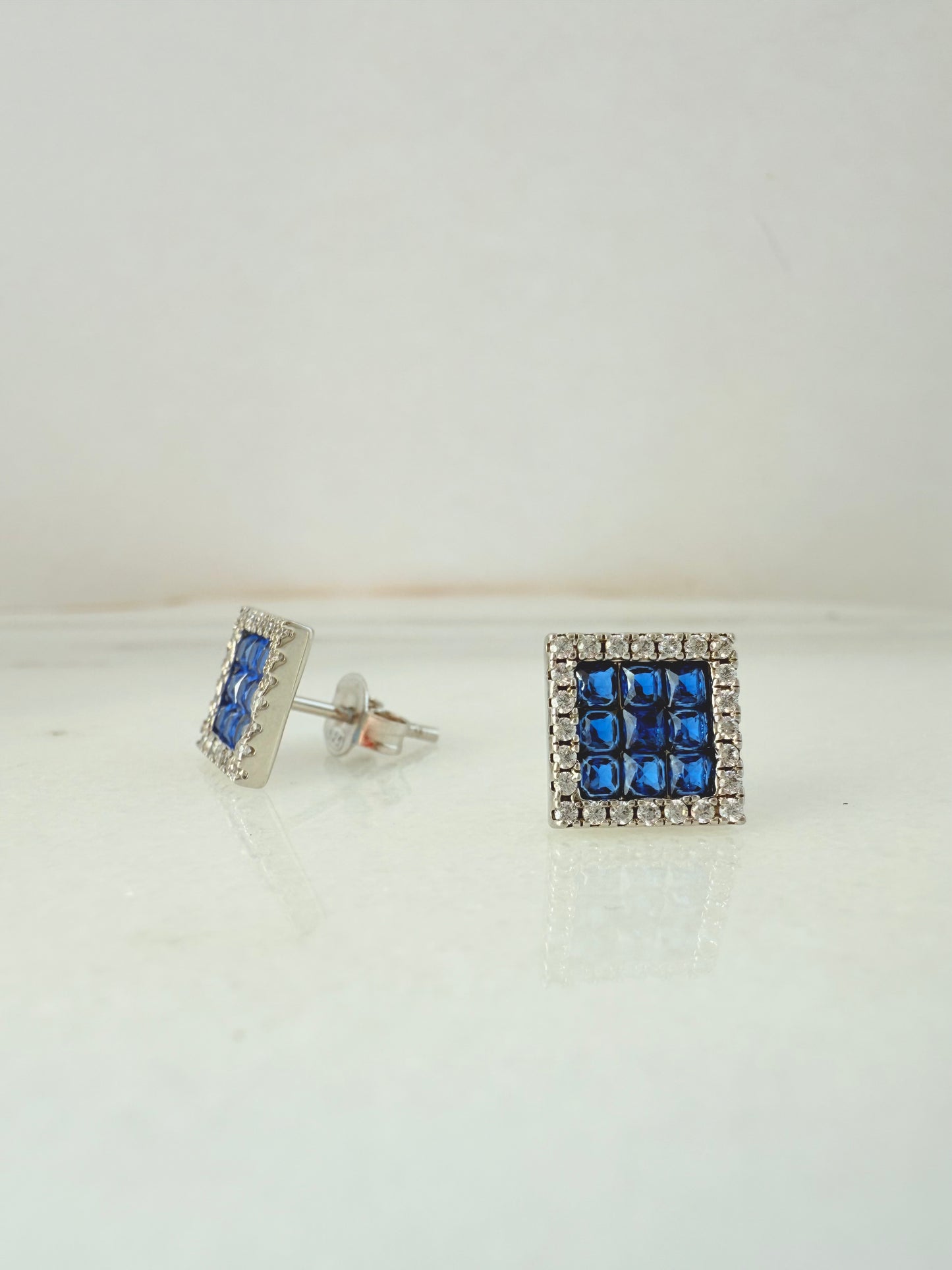 Sterling Silver 925 Square Blue Zirconia Earrings with Halo Setting