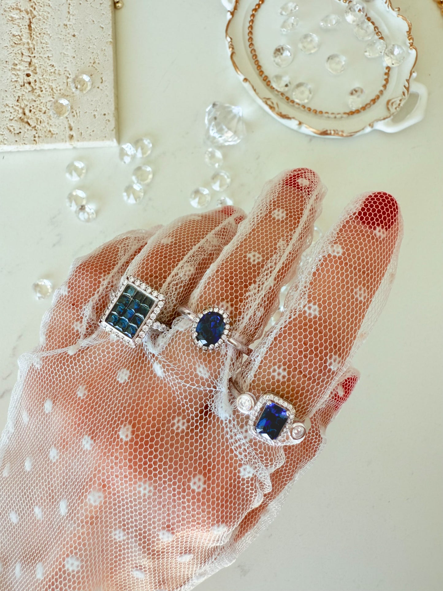 Sterling Silver Sapphire-Blue Rectangle Ring with Zircon Halo & Side Stones