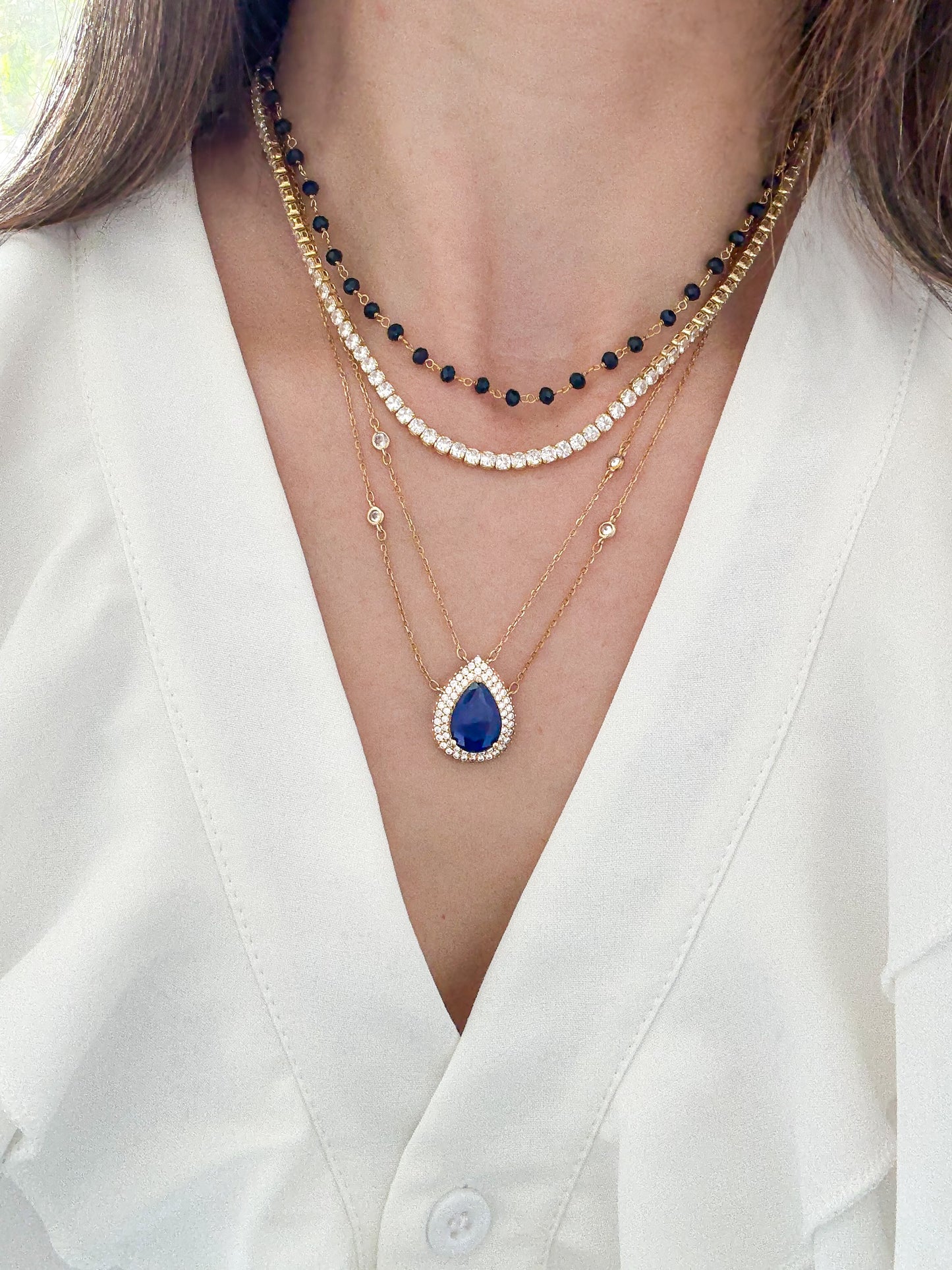 Gold Sapphire Blue Teardrop Pendant Necklace – Double Chain with Cubic Zirconia Details