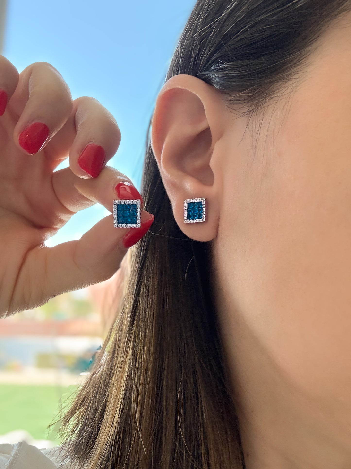Sterling Silver 925 Square Blue Zirconia Earrings with Halo Setting