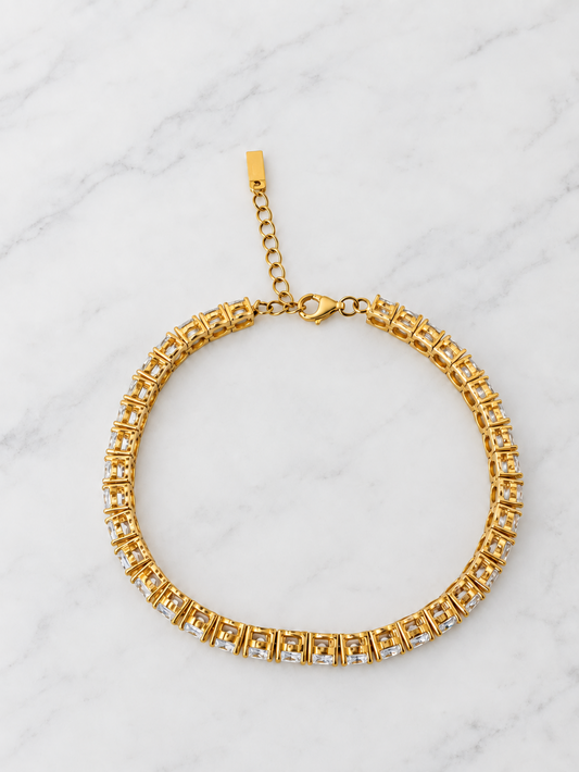 Gold-plated sterling silver tennis bracelet with cubic zirconia, top view