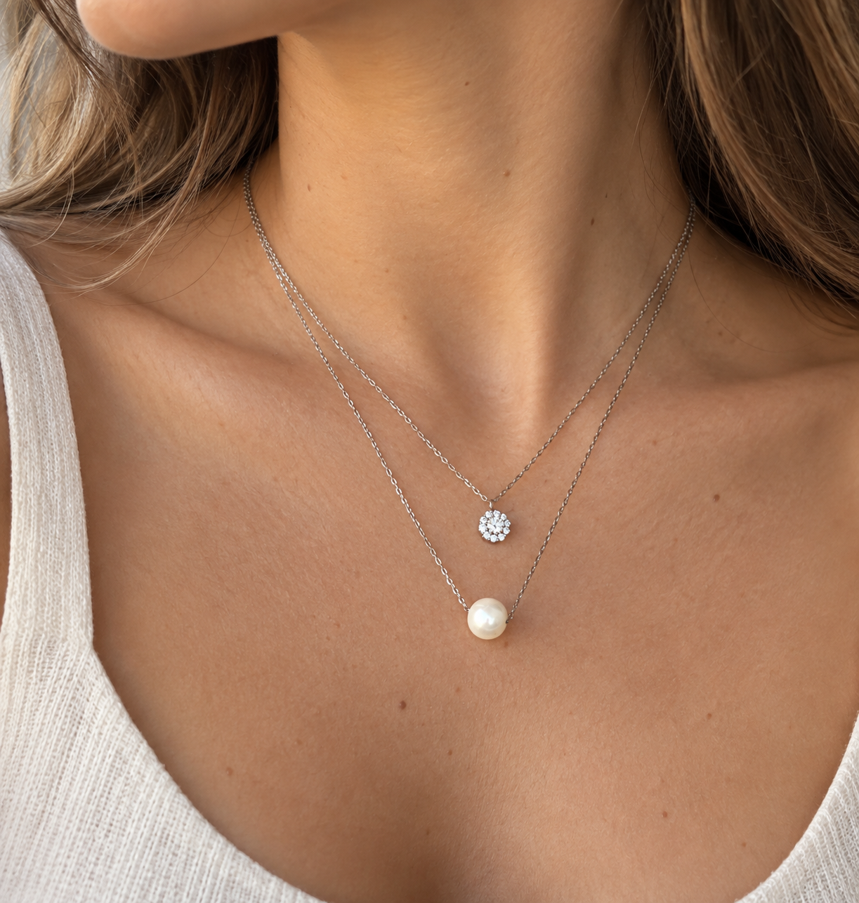 Sterling silver layered necklace with zirconia cluster and freshwater pearl