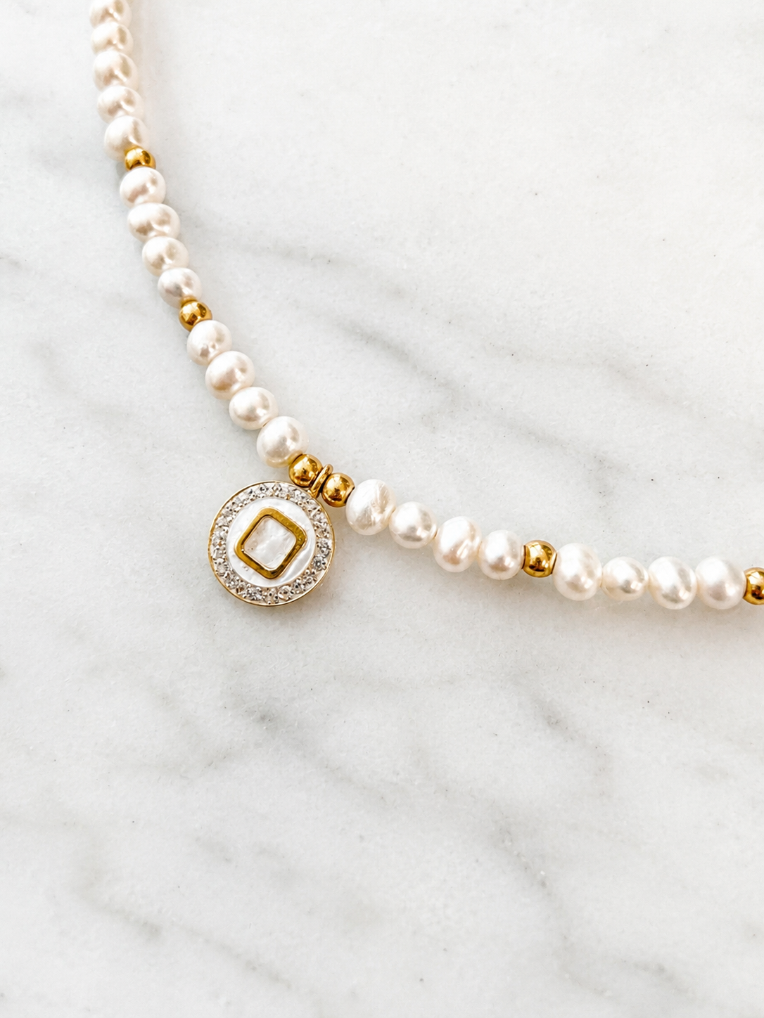 Pearl Necklace with Mother of Pearl Square Charm