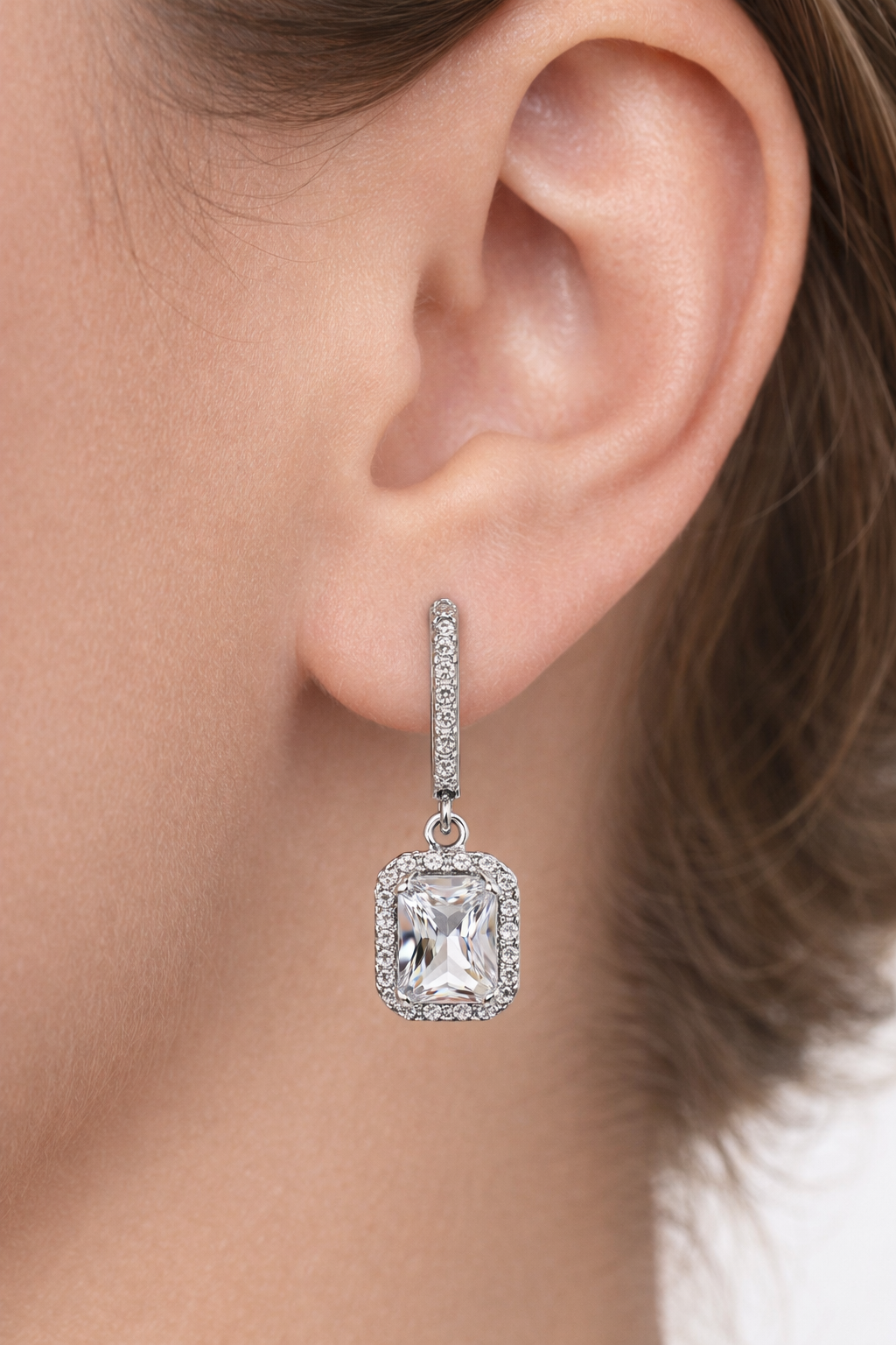 Rectangular Halo Drop Cubic Zirconia Earrings
