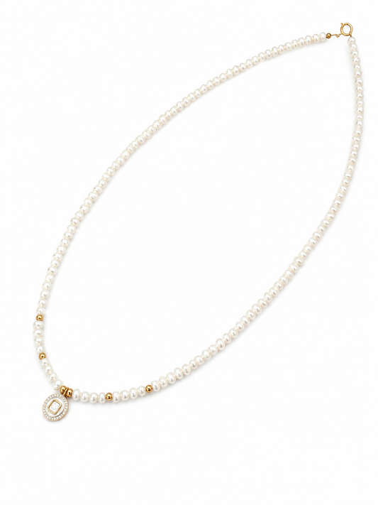 Pearl Necklace with Mother of Pearl Square Charm