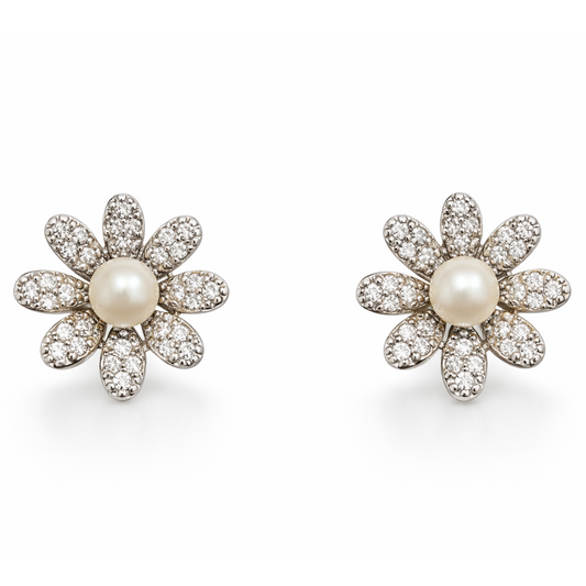 Floral Pearl Stud Cubic Zirconia Earrings