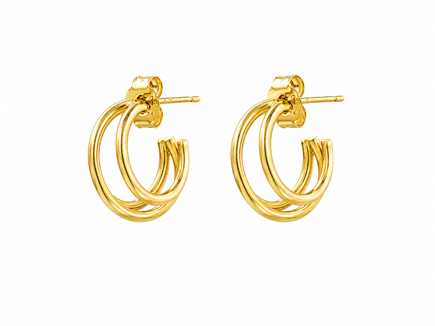 A pair of gold triple-hoop hoop earrings with post backings, shown on a plain white background.