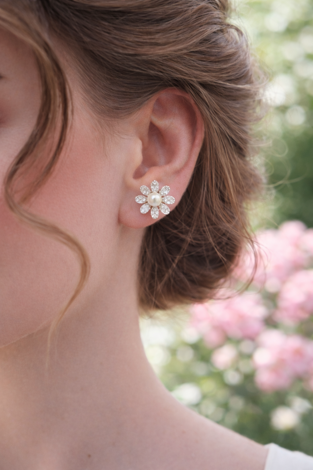 Floral Pearl Stud Cubic Zirconia Earrings