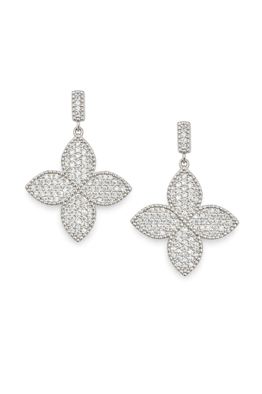 Floral Pavé Drop Earrings with Cubic Zirconia – Sterling Silver