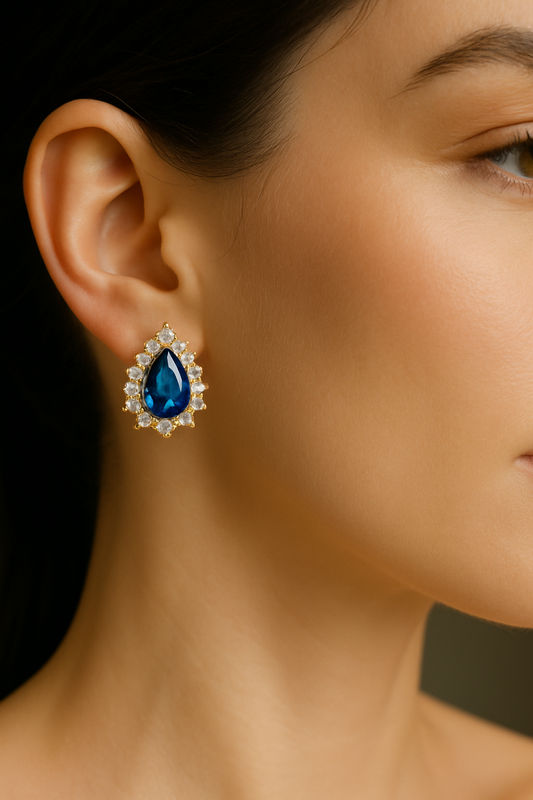 Teardrop Sapphire & Zirconia Halo Earrings – 925 Sterling Silver, Gold Plated