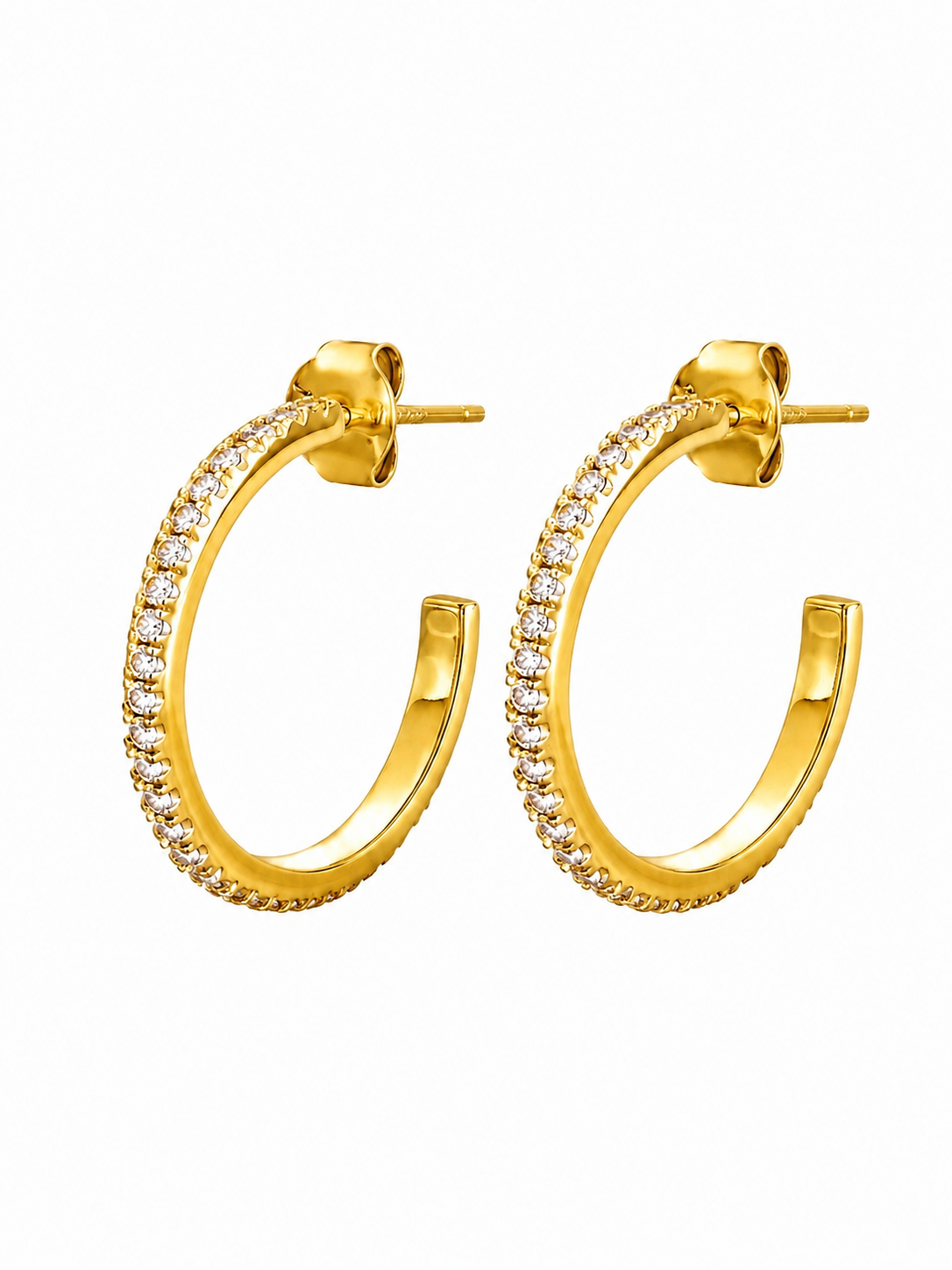 A pair of gold hoop earrings with a row of small clear stones along the front, shown on a plain white background.