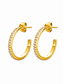 A pair of gold hoop earrings with a row of small clear stones along the front, shown on a plain white background.