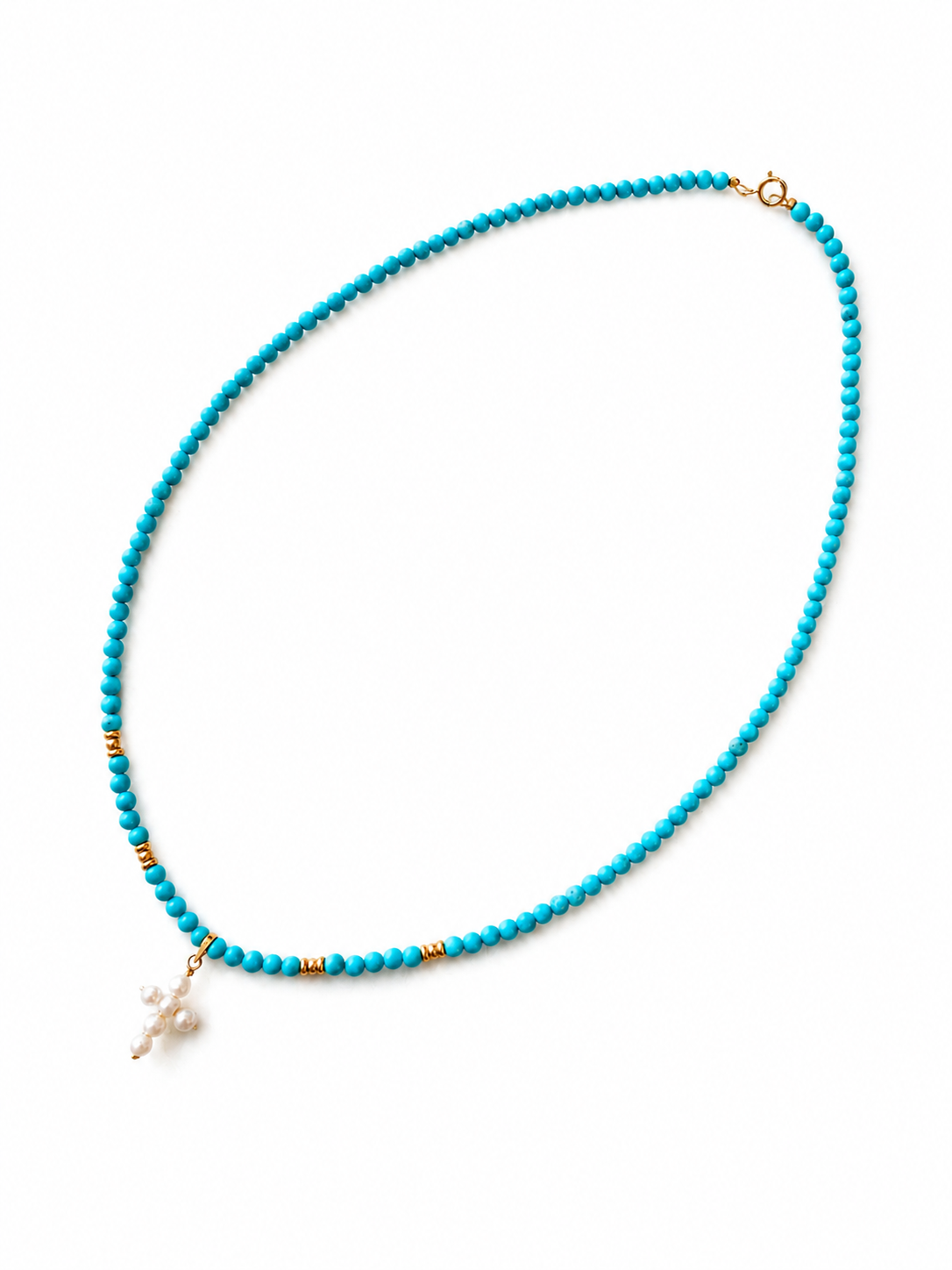 14K Gold Turquoise Necklace with Pearl Cross Pendant