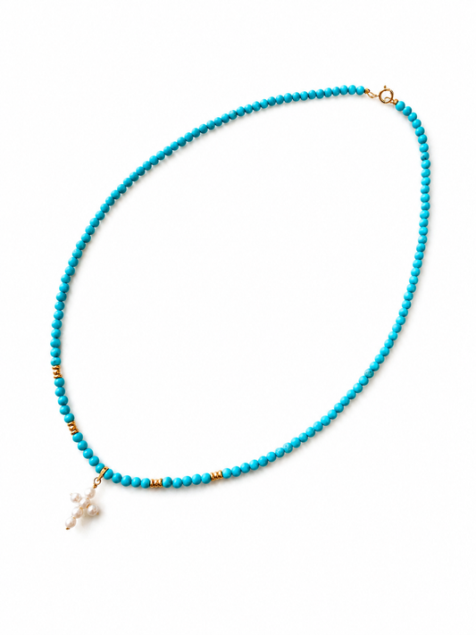 14K Gold Turquoise Necklace with Pearl Cross Pendant