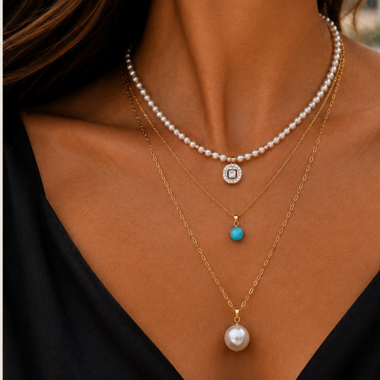 A close-up of a woman's neck and chest wearing a layered necklace set. The set includes a short pearl choker, a delicate gold chain with a small square halo pendant, a longer gold chain with a small turquoise bead, and a long gold chain with a large pearl pendant.