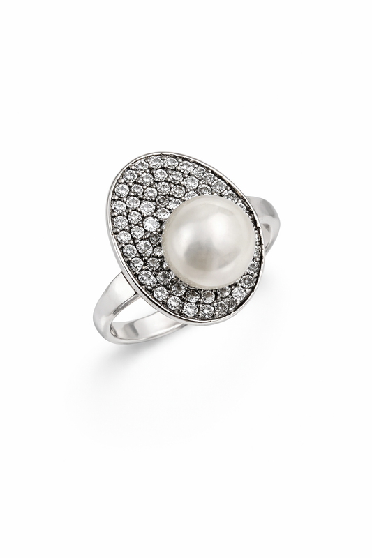 Oval Pearl & Pavé Cubic Zirconia Ring
