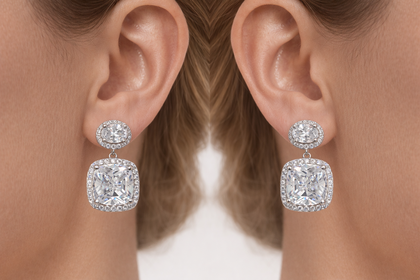 Cushion Halo Drop Cubic Zirconia Earrings
