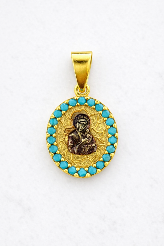 Turquoise Holy Mary & Baby Jesus necklace