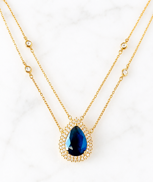 Sapphire Blue Teardrop Double Chain Necklace