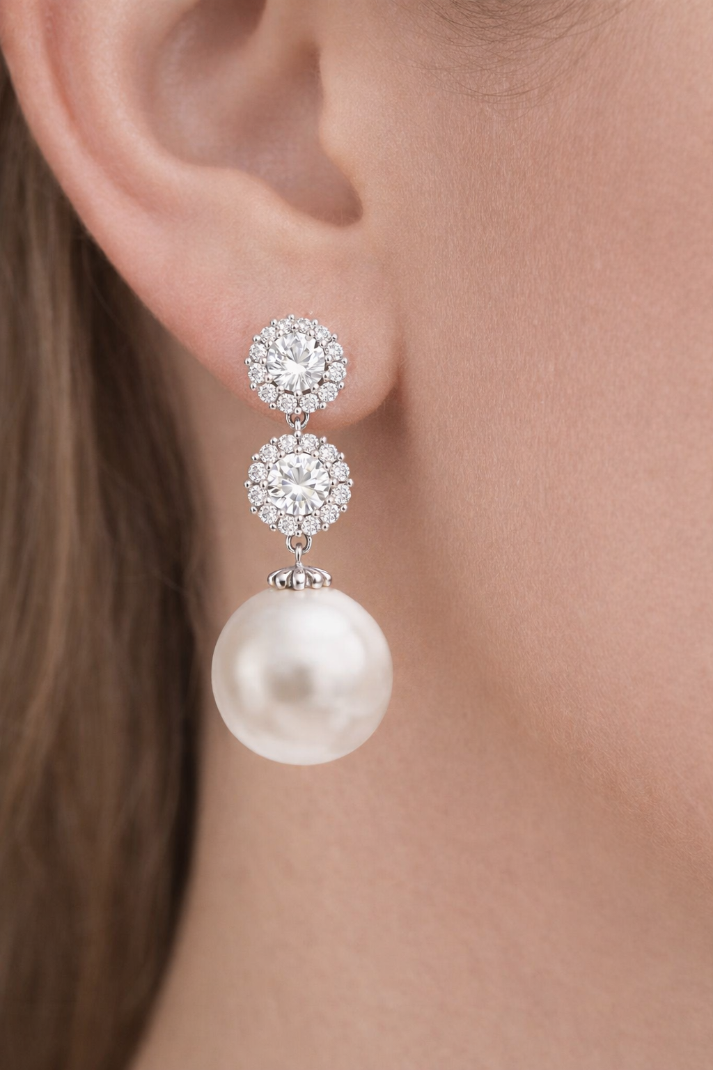 Pearl Drop Cubic Zirconia Halo Earrings