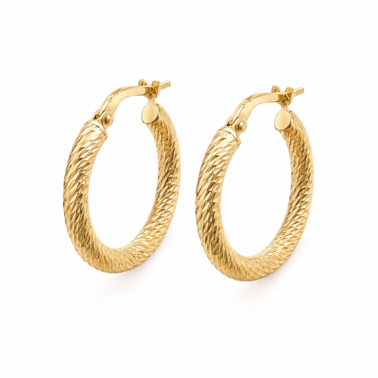 A pair of gold hoop earrings with a textured, rope-like twisted pattern, shown on a clean white background.