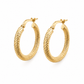 A pair of gold hoop earrings with a textured, rope-like twisted pattern, shown on a clean white background.