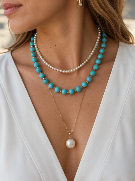 14k Gold Turquoise & Gold Hematite Beaded Necklace