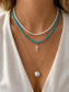 14K Gold Turquoise Necklace with Pearl Cross Pendant