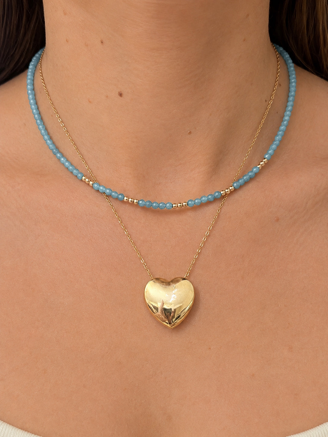 14k Gold Baby Blue Agate Beaded Necklace
