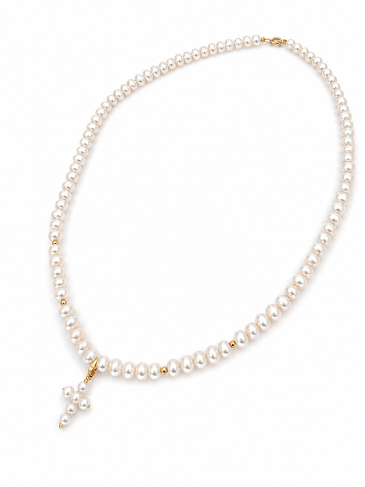 Freshwater Pearl Cross Necklace in 14K Gold