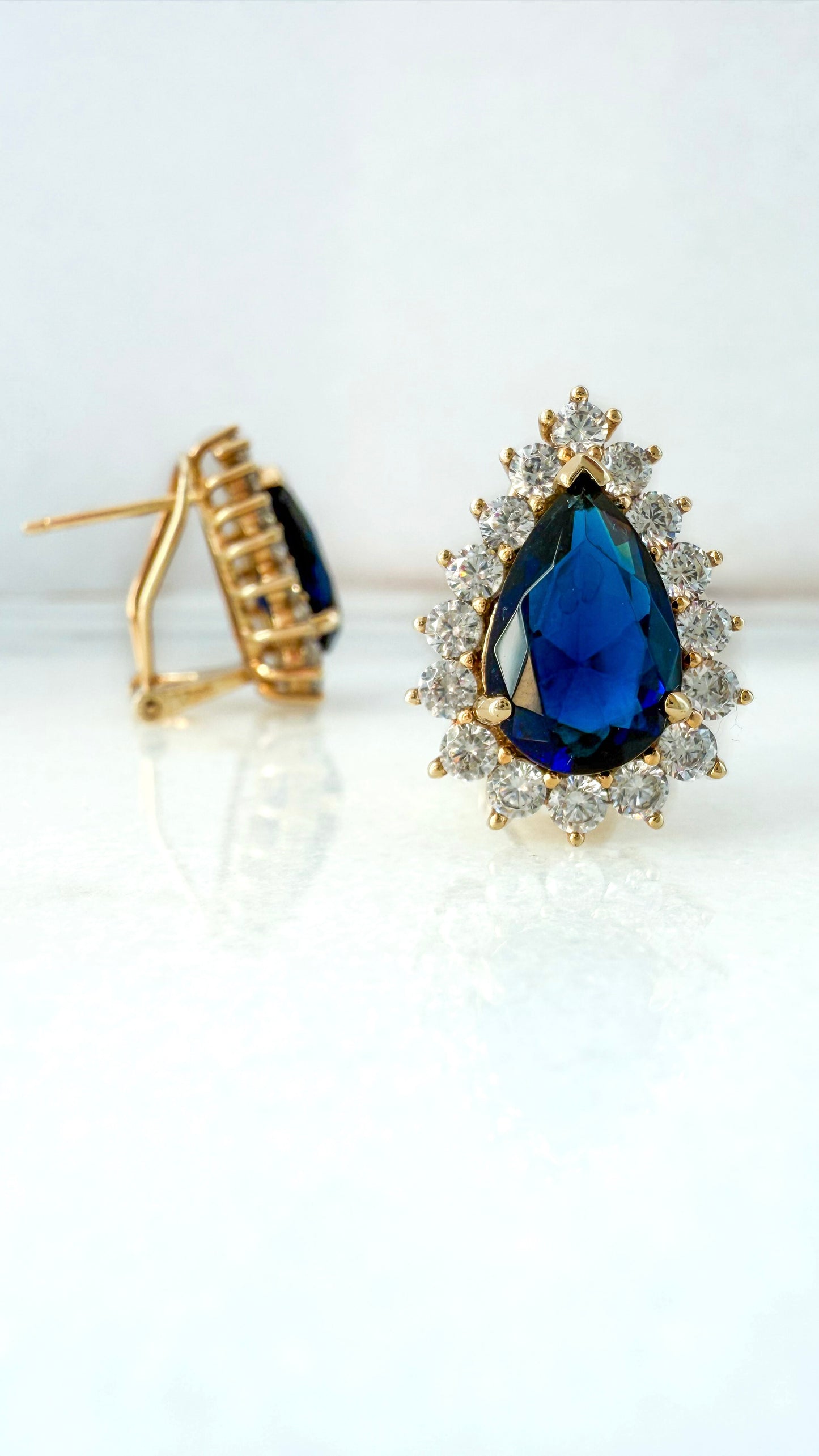 Teardrop Sapphire & Zirconia Halo Earrings – 925 Sterling Silver, Gold Plated