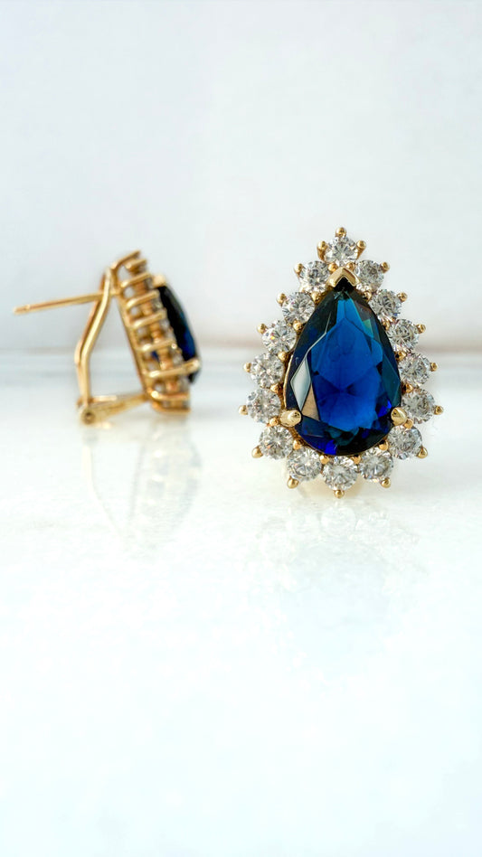Teardrop Sapphire & Zirconia Halo Earrings – 925 Sterling Silver, Gold Plated