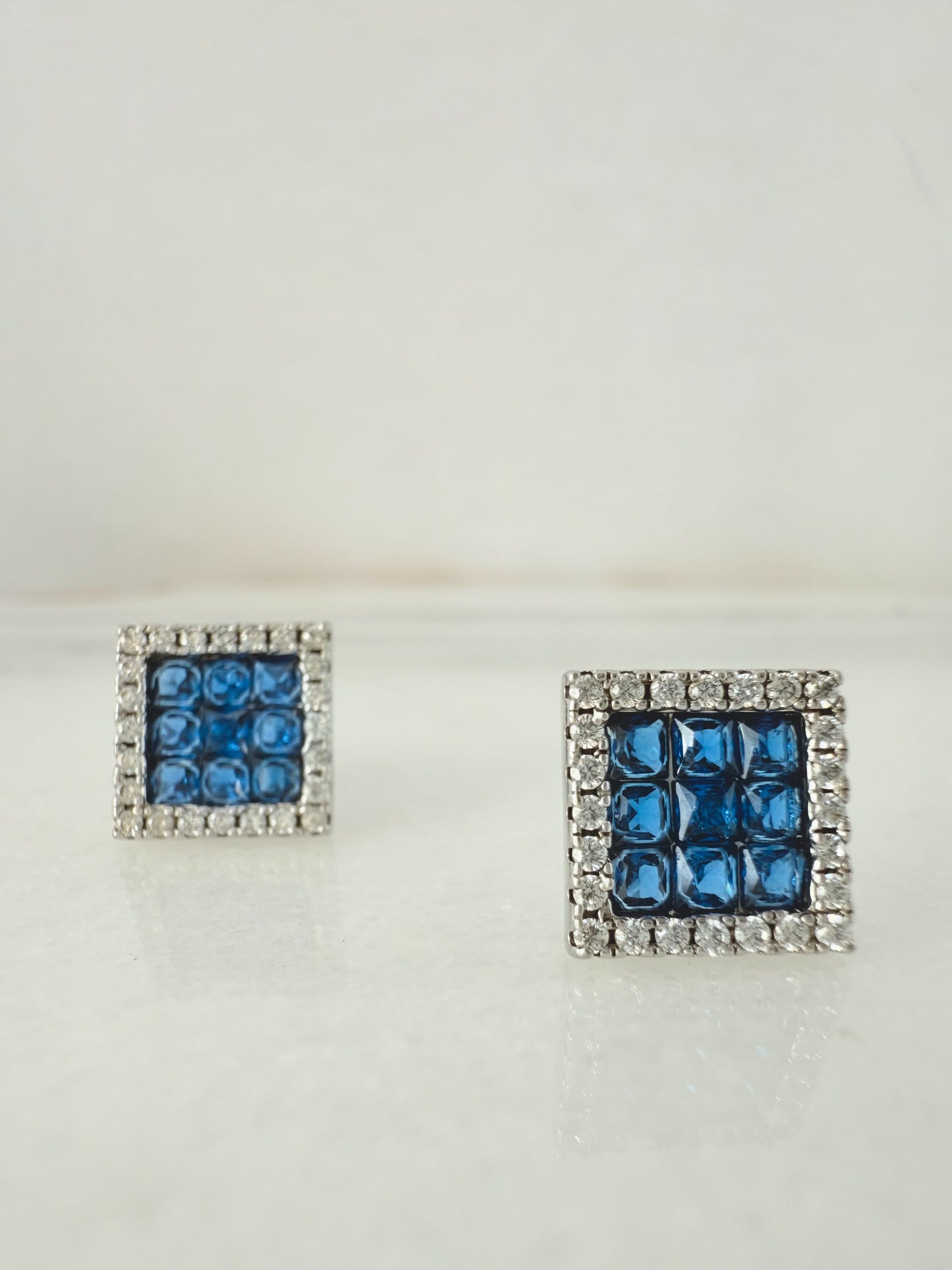 Sterling Silver 925 Square Blue Zirconia Earrings with Halo Setting