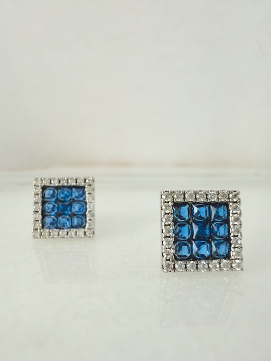 Sterling Silver 925 Square Blue Zirconia Earrings with Halo Setting