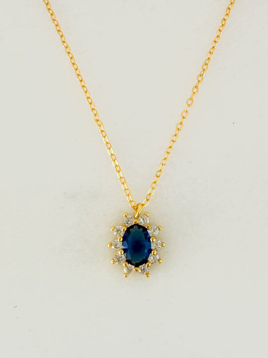 Sapphire & Zirconia Halo Pendant Necklace – 925 Sterling Silver, Gold Plated (chain included)
