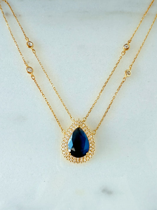 Gold Sapphire Blue Teardrop Pendant Necklace – Double Chain with Cubic Zirconia Details