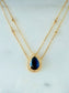 Gold Sapphire Blue Teardrop Pendant Necklace – Double Chain with Cubic Zirconia Details