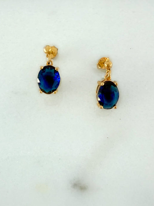 Gold Sapphire Blue Oval Drop Earrings – Classic Elegance with Gold-Plated Finish