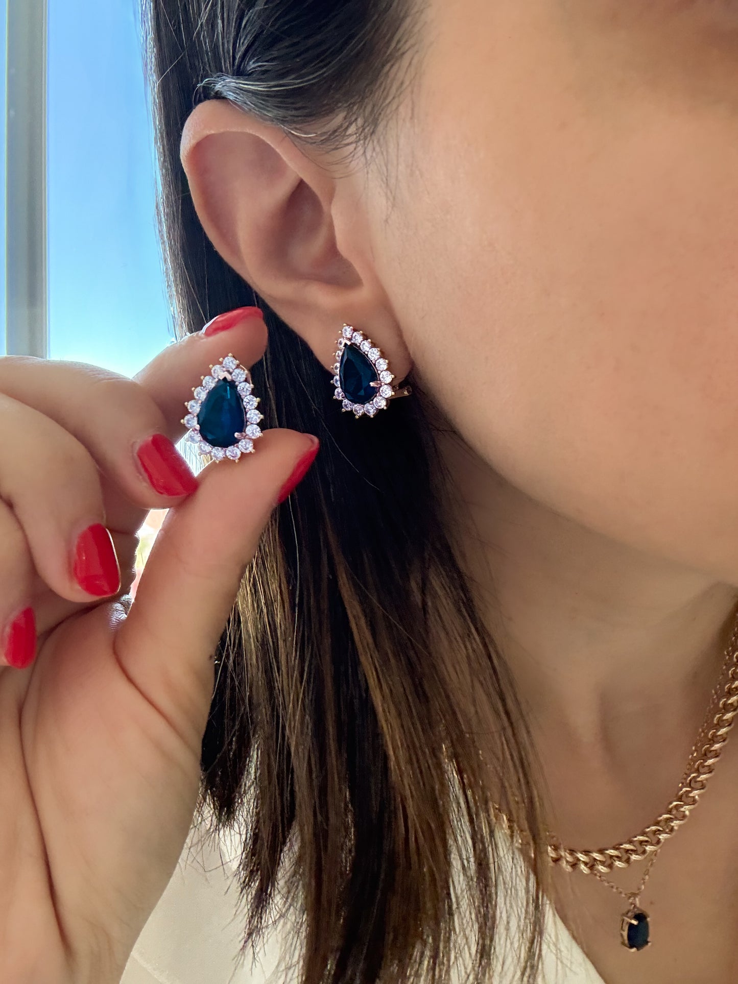 Teardrop Sapphire & Zirconia Halo Earrings – 925 Sterling Silver, Gold Plated