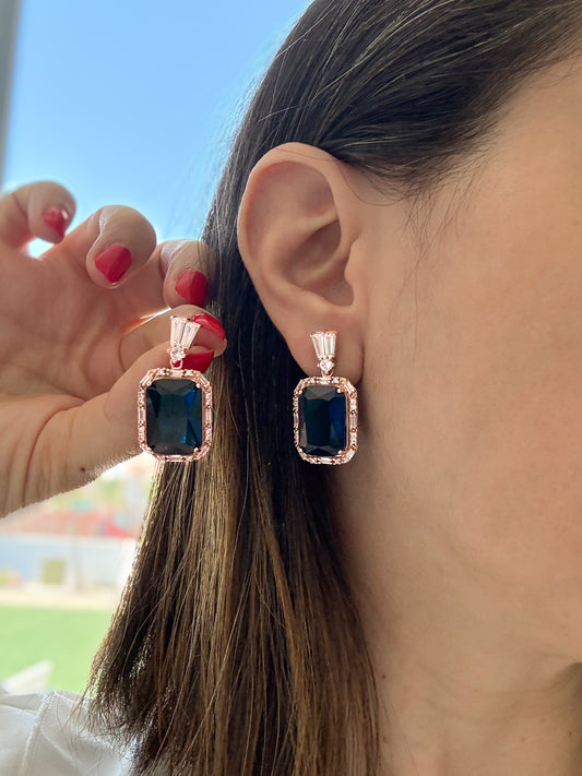 Vintage Sapphire & Zirconia Art Deco Earrings – 925 Sterling Silver