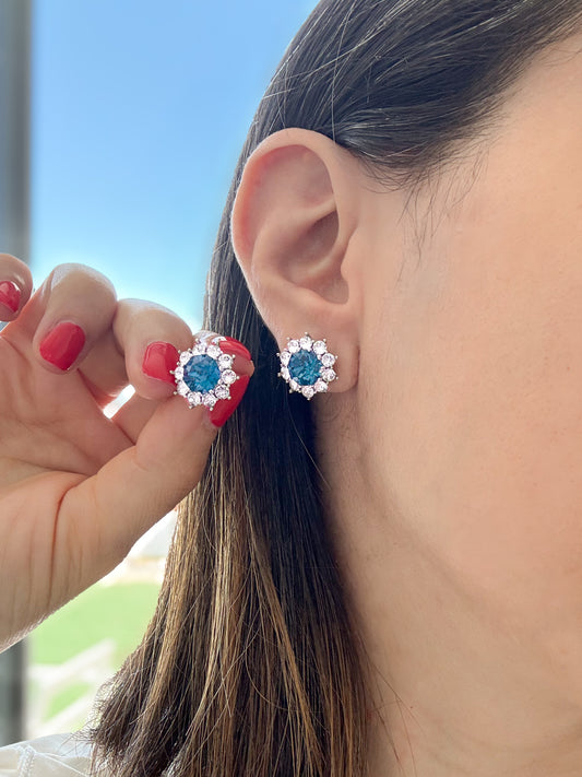 Diana Sapphire & Zirconia Halo Earrings – Sterling Silver 925