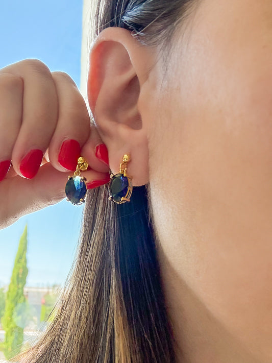 Gold Sapphire Blue Oval Drop Earrings – Classic Elegance with Gold-Plated Finish