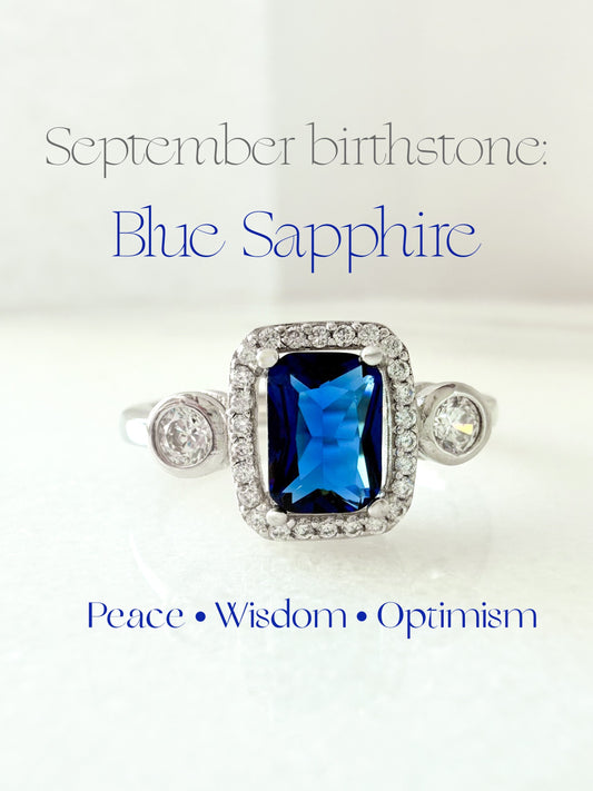 Sterling Silver Sapphire-Blue Rectangle Ring with Zircon Halo & Side Stones