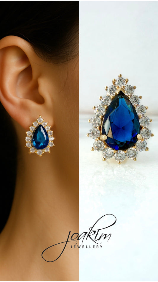 Teardrop Sapphire & Zirconia Halo Earrings – 925 Sterling Silver, Gold Plated