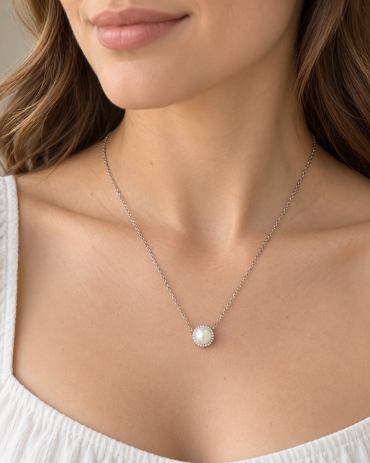 Sterling silver freshwater pearl halo necklace with cubic zirconia